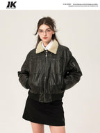 ikyou Thick Distressed Pu Patchwork Straight Zip Pockets Minimalist Leather Jackets