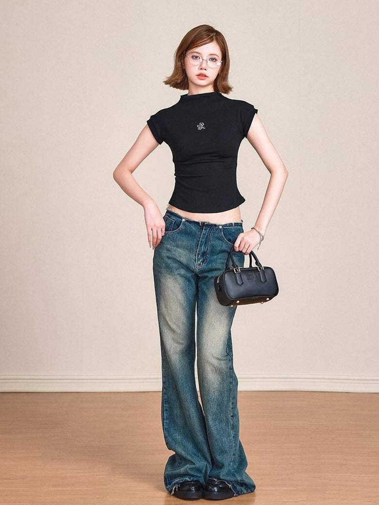 ikyou 3D Embellished Slim Fit Mock Neck Commuter Cotton Short Sleeve T-Shirts