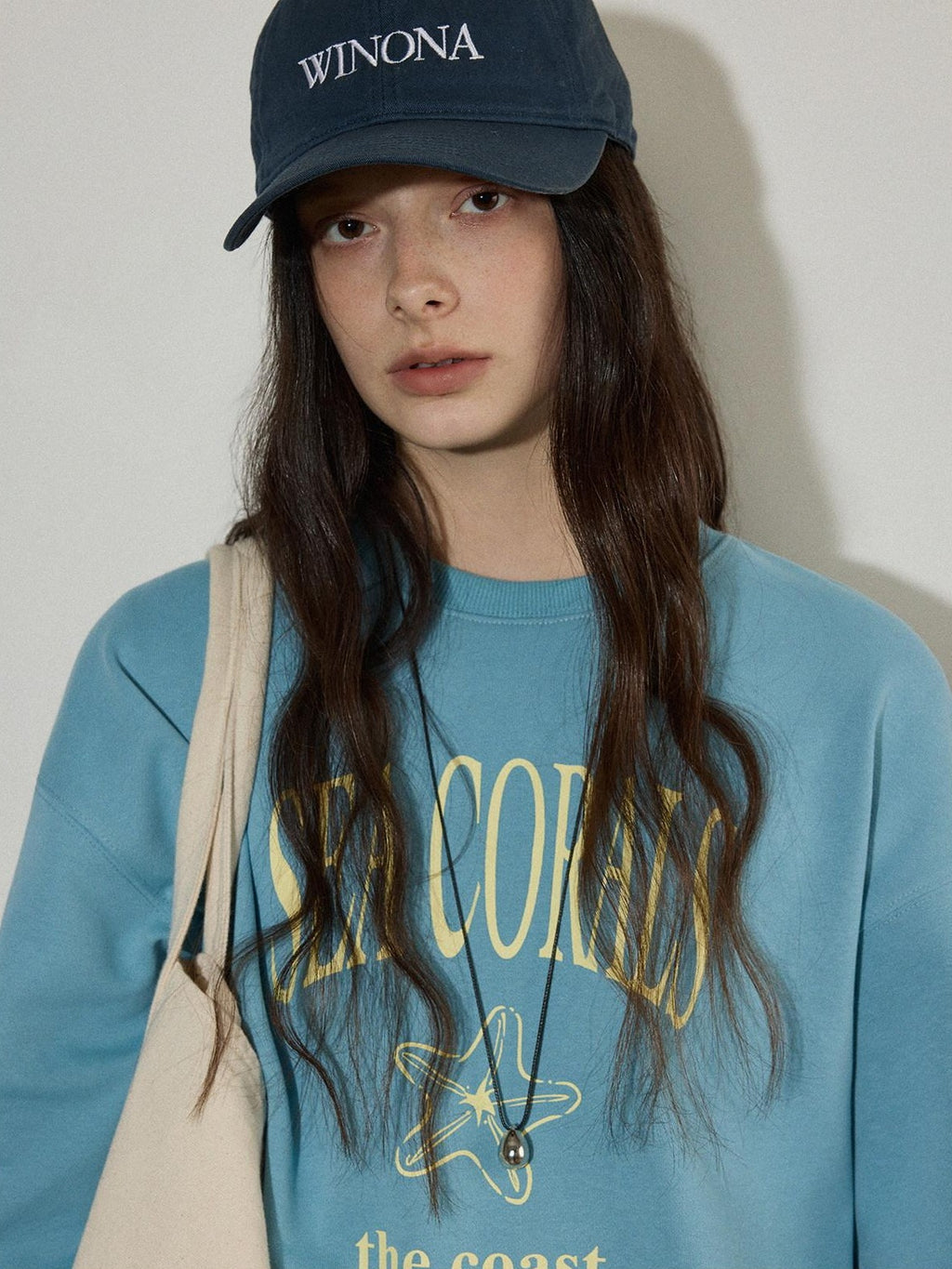 Lofi choose Cotton Blend Relaxed Crewneck Women Office Letter Print Blue Grey Sweatshirt