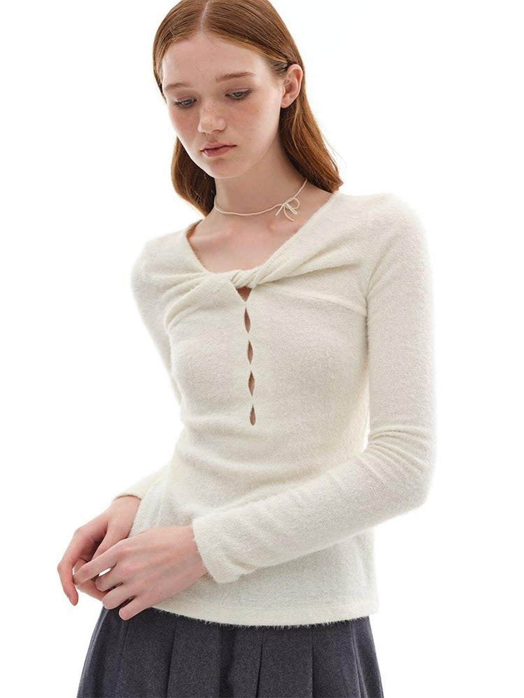 someonesometimes Soft Stretch V-neck Cutout Slim Fit Knit For Women Apricot Long Sleeve T-Shirts