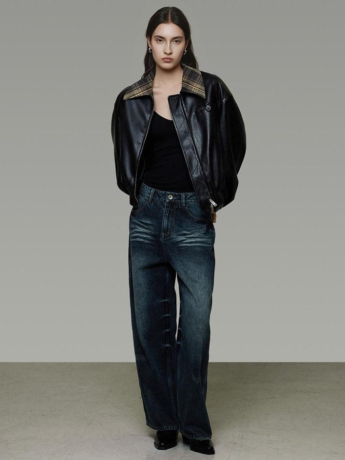 unspoken Commuter Loose Cropped Colorblock Patchwork Lapel Zipper Leather Jackets