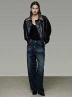 unspoken Commuter Loose Cropped Colorblock Patchwork Lapel Zipper Leather Jackets