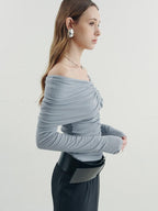 someone sometimes Soft Mist Blue Viscose Blend Slim Fit Round Neck Women Long Sleeve T-Shirts
