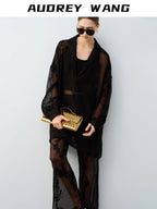 audreyyang Polyester Two Piece V-neck Long Sleeve Tailored For Women Wide Leg Pants