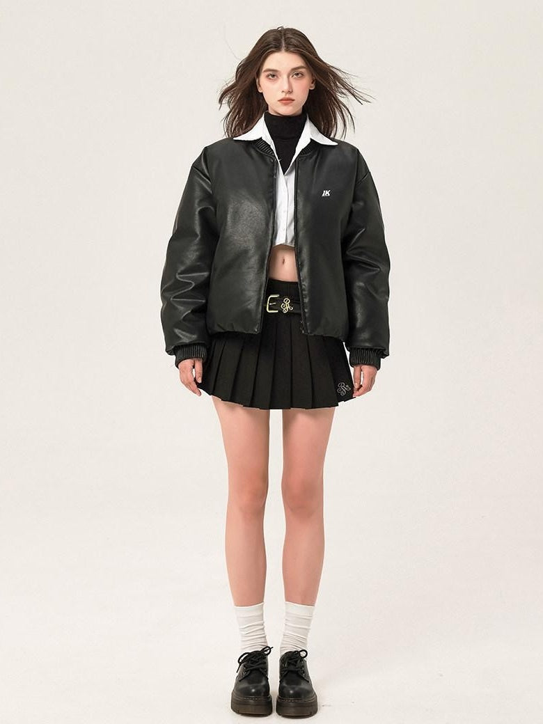 ikyou Thick Pu Minimal Commuter Straight Fit Stand Collar Black Leather Jackets