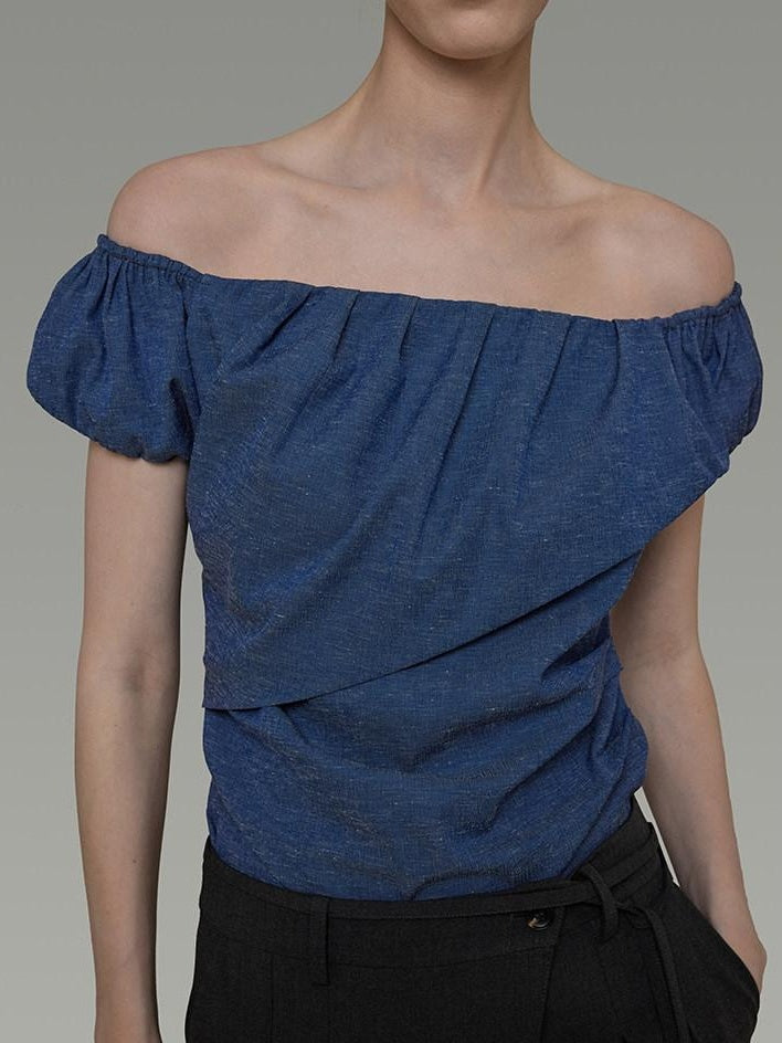 unspoken Wrinkle Resistant Minimalist Slim Asymmetrical Boat Neck Women Blue Blouses
