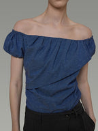 unspoken Wrinkle Resistant Minimalist Slim Asymmetrical Boat Neck Women Blue Blouses