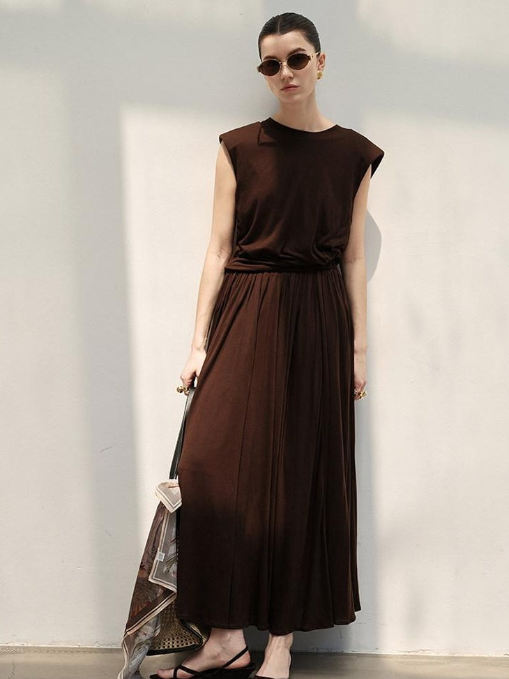 audreyyang Recycled Viscose French Chic Pleated Aline Two Piece Sleeveless Maxi Dresses