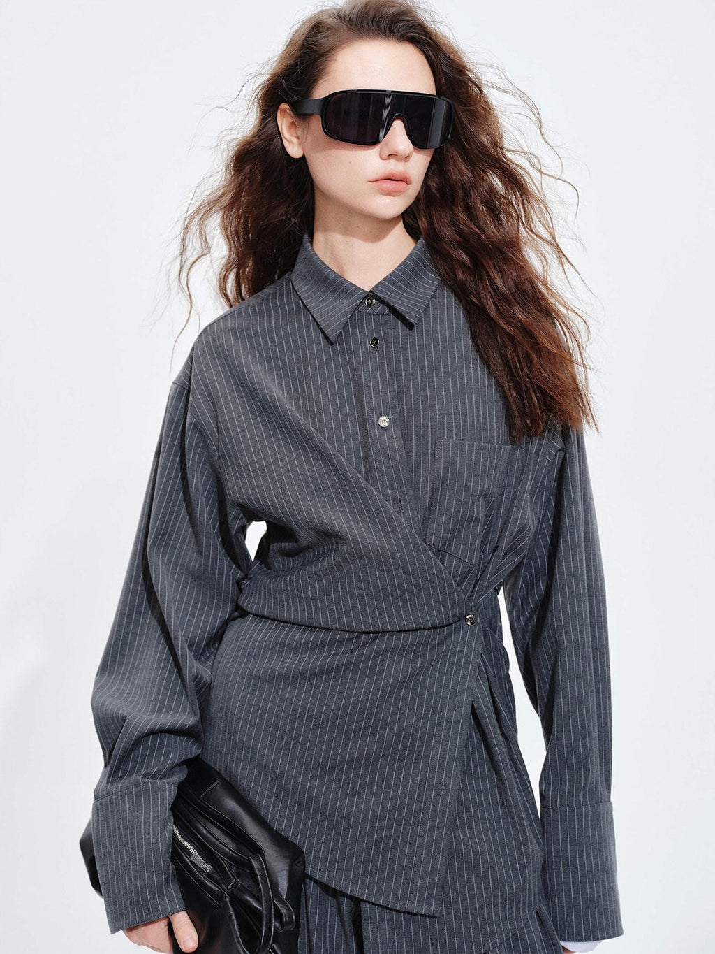 audreyyang Striped Relaxed Lapel Button Long Sleeve Casual Women Polyester Top & Pants Sets