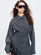 audreyyang Striped Relaxed Lapel Button Long Sleeve Casual Women Polyester Top & Pants Sets