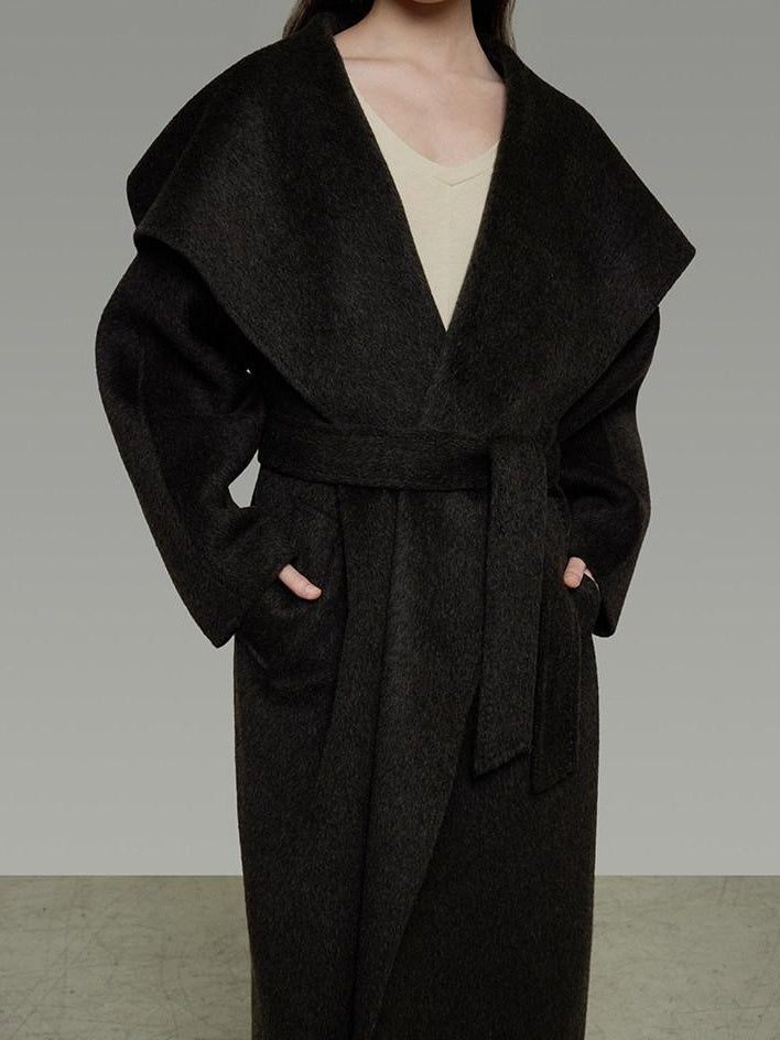 unspoken Pure Sheepswool Long Belted Lapel Loose Tailored Office Coffee Brown Wool Coats