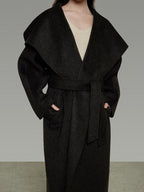 unspoken Pure Sheepswool Long Belted Lapel Loose Tailored Office Coffee Brown Wool Coats