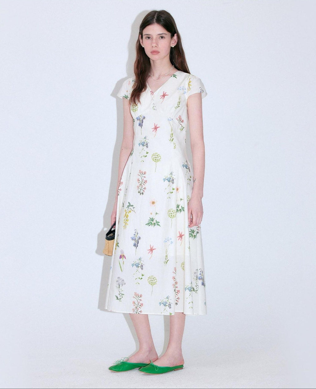 fano Cotton High Waist A Line V-neck Short Sleeve Floral Ivory Korean Maxi Dresses