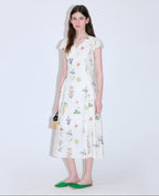 fano Cotton High Waist A Line V-neck Short Sleeve Floral Ivory Korean Maxi Dresses