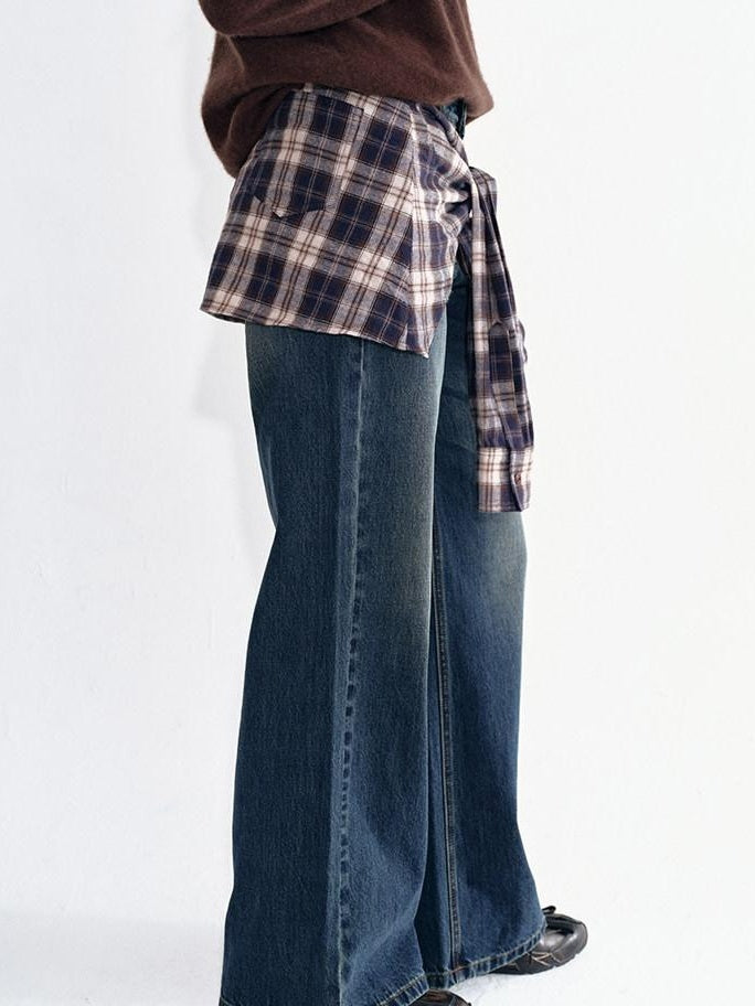 fano Breathable Cotton Wide Natural Waist Plaid Womens Straight Leg Jeans