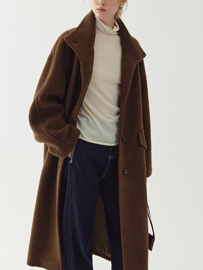 fano Soft Wool Blend Straight Cut Stand Collar Pockets Commuter Midlength Wool Coats
