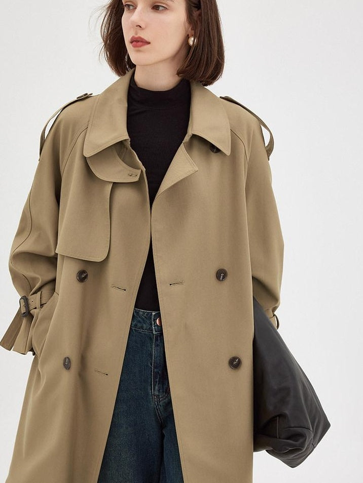 fano Pocketed Relaxed Raglan Midlength Double Breasted Khaki Womens Trench Coats