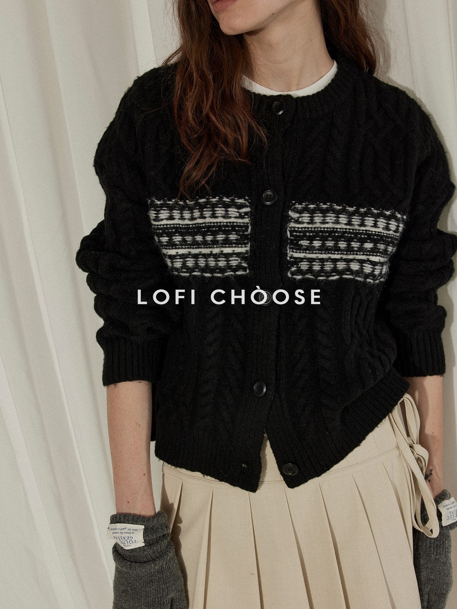 Lofi choose Soft Wool Blend Minimalist Buttoned Round Neck Long Sleeve Women Black Cardigans