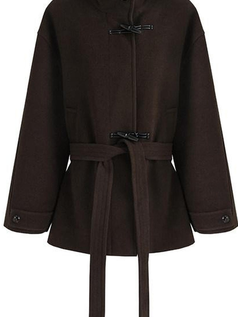 fano Minimal Commuter Straight Midlength Stand Collar Pocket Toggle Women Short Coat