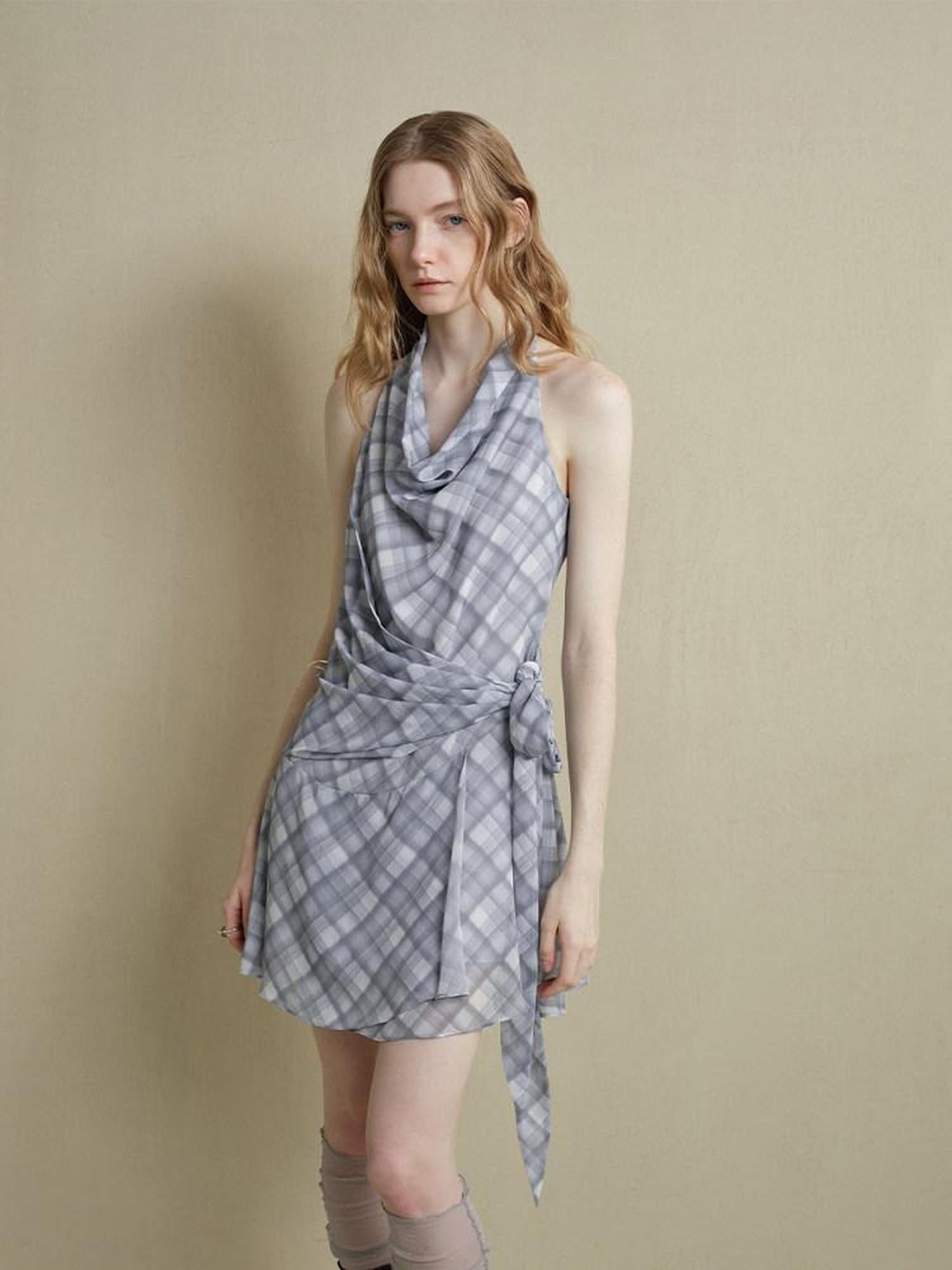 someonesometimes Lightweight Halter Tie Plaid Office Regular Fit Cornflower Blue Midi Dresses