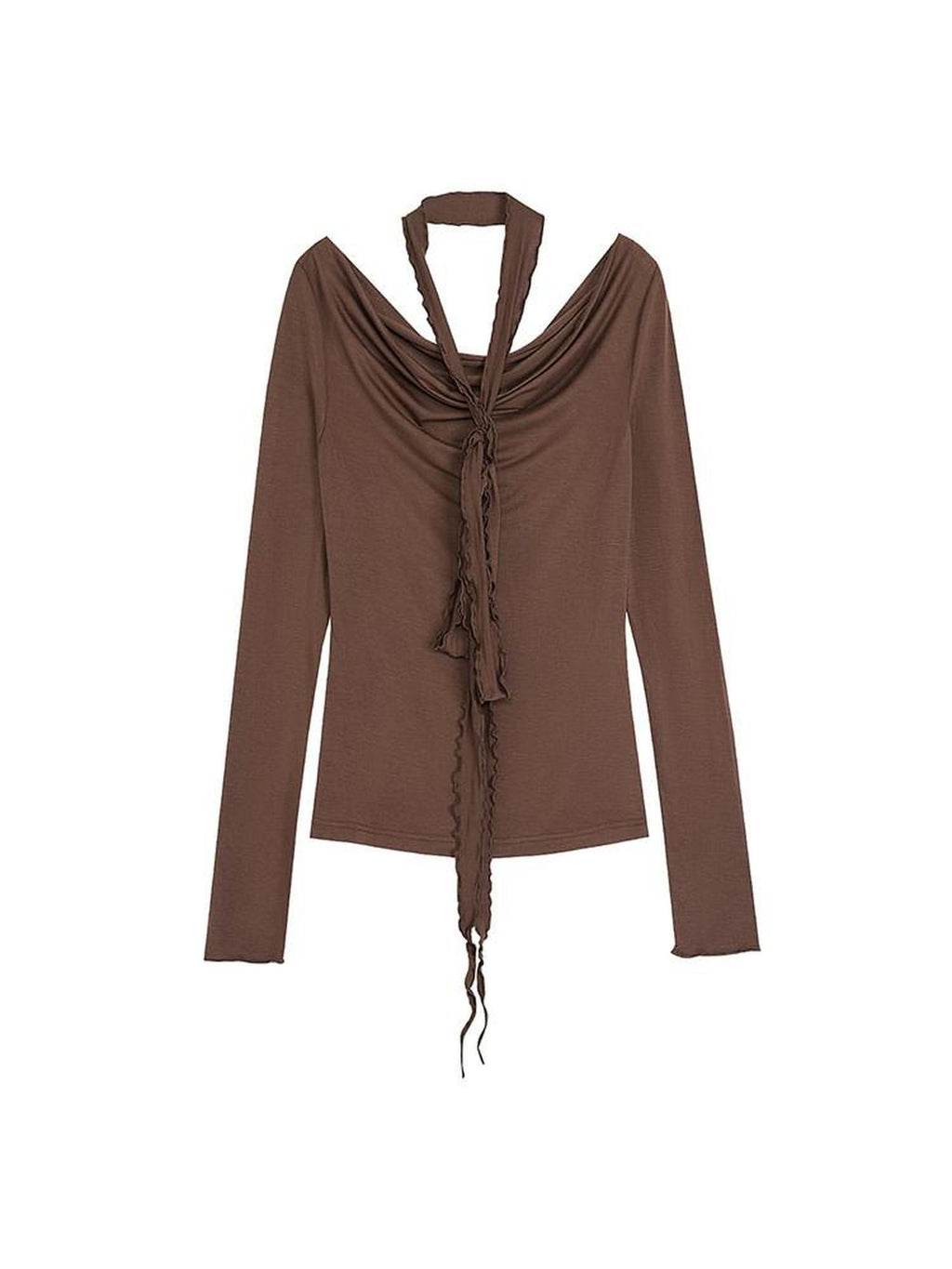 unspoken Slim Pleated Minimalist Workwear Women Pullover Polyester Brown Top & Skirt Sets