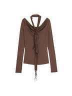 unspoken Slim Pleated Minimalist Workwear Women Pullover Polyester Brown Top & Skirt Sets