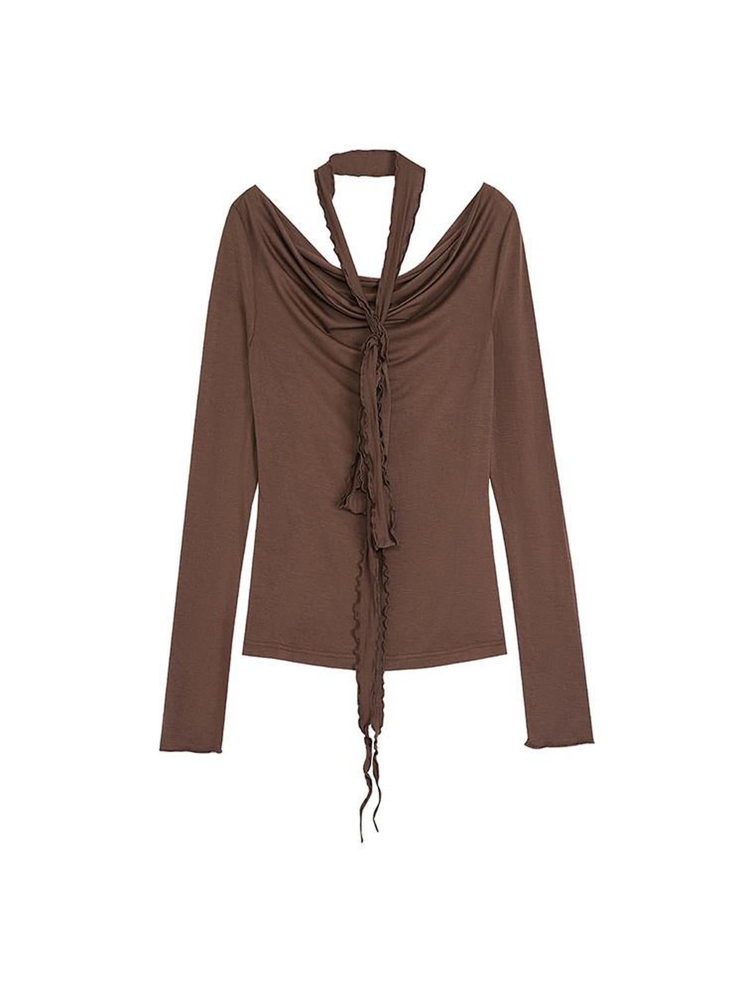 unspoken Slim Pleated Minimalist Workwear Women Pullover Polyester Brown Top & Skirt Sets