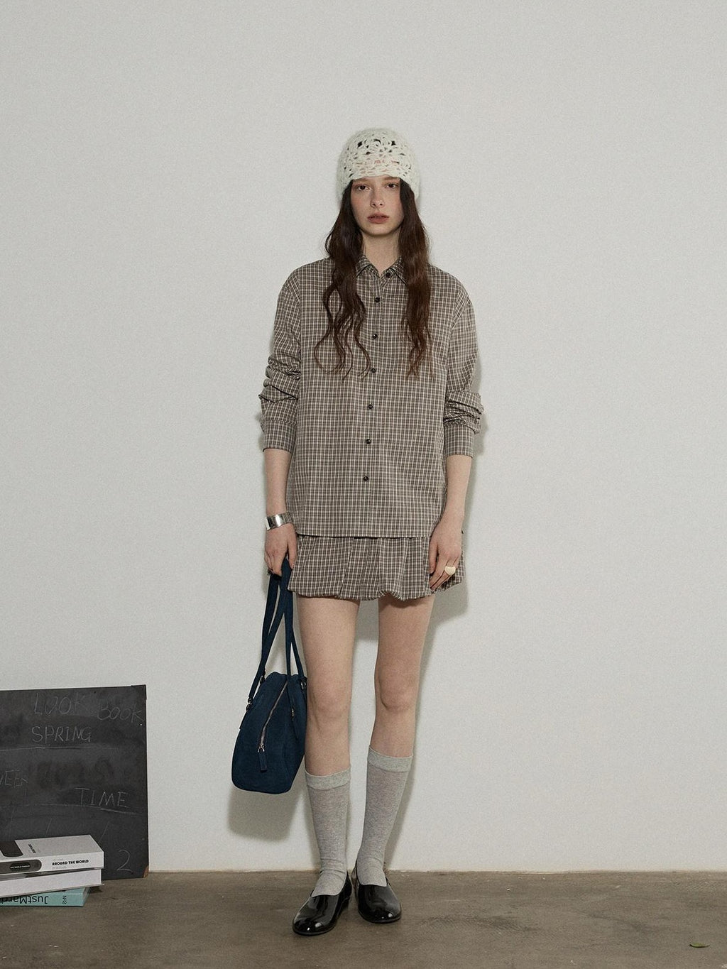 Lofi choose Comfortable Loose Plaid Button Collar Long Sleeve Women Workwear Midi Dresses