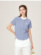 ikyou Embroidered Patchwork Straight Fit Stand Collar Short Sleeve Blue Button Blouses
