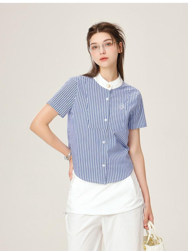 ikyou Embroidered Patchwork Straight Fit Stand Collar Short Sleeve Blue Button Blouses