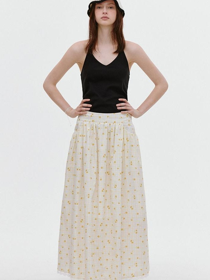 fano Lined 100% Cotton Soft Plaid A Line Mid Waist Loose Fit Korean Maxi Skirts