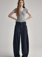 fano V-neck Drawstring Cotton Blend Minimal Straight Women Short Sleeve T-Shirts