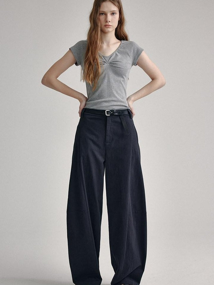 fano V-neck Drawstring Cotton Blend Minimal Straight Women Short Sleeve T-Shirts