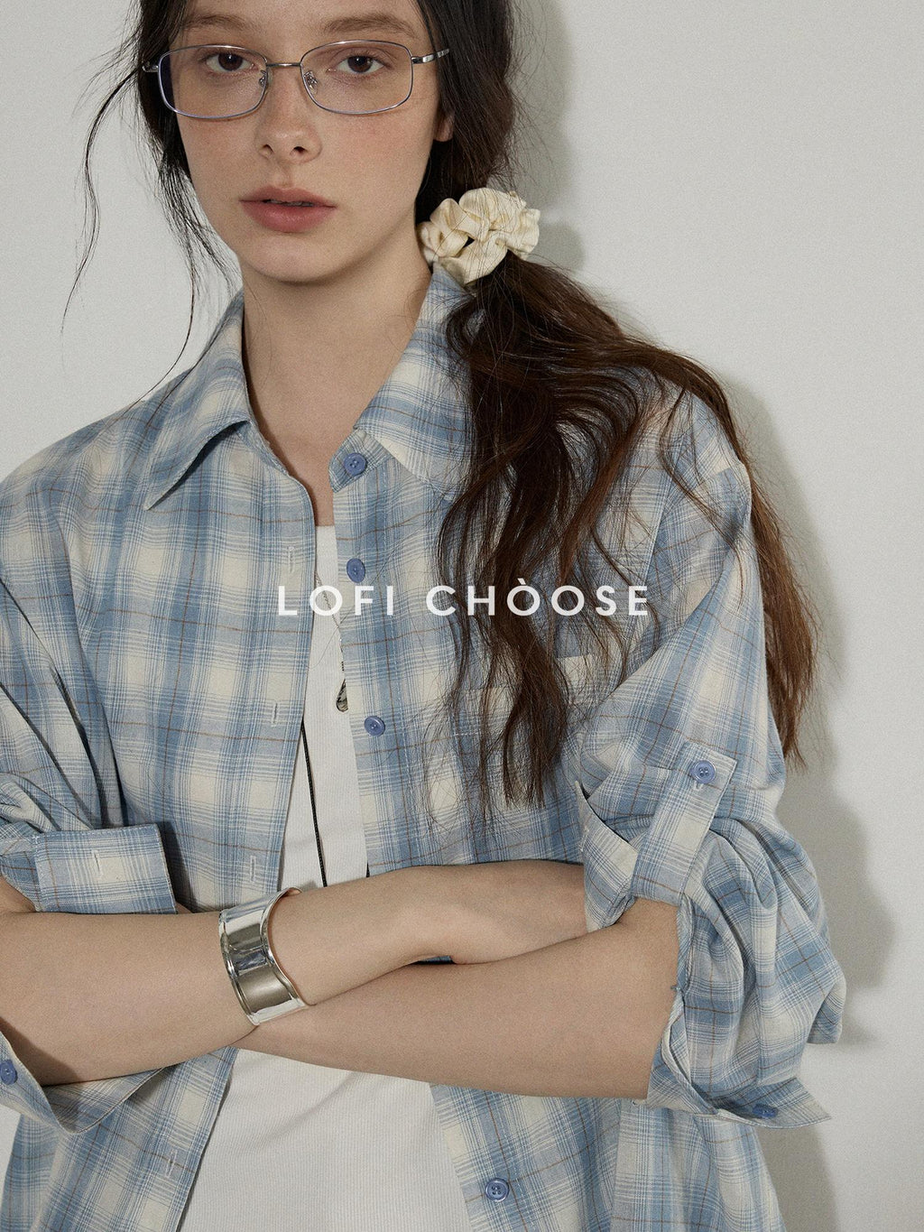 Lofi choose Pure Cotton Colorblock Plaid Embroidered Loose Commuter Office Women Shirts