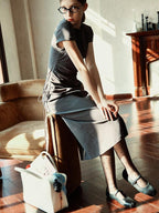 fano Soft Cotton Knit High Waist A Line Button Mock Neck Midi Dresses