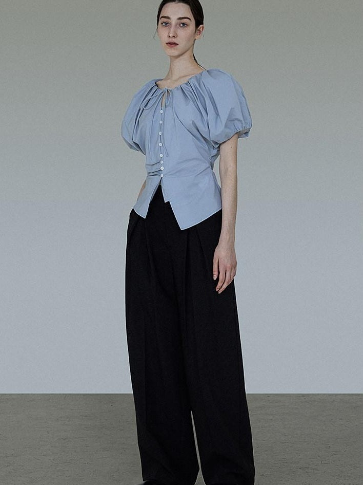 unspoken Breathable Cotton Tie Waist Puff Sleeve Commuter Women Round Neck Button Blouses
