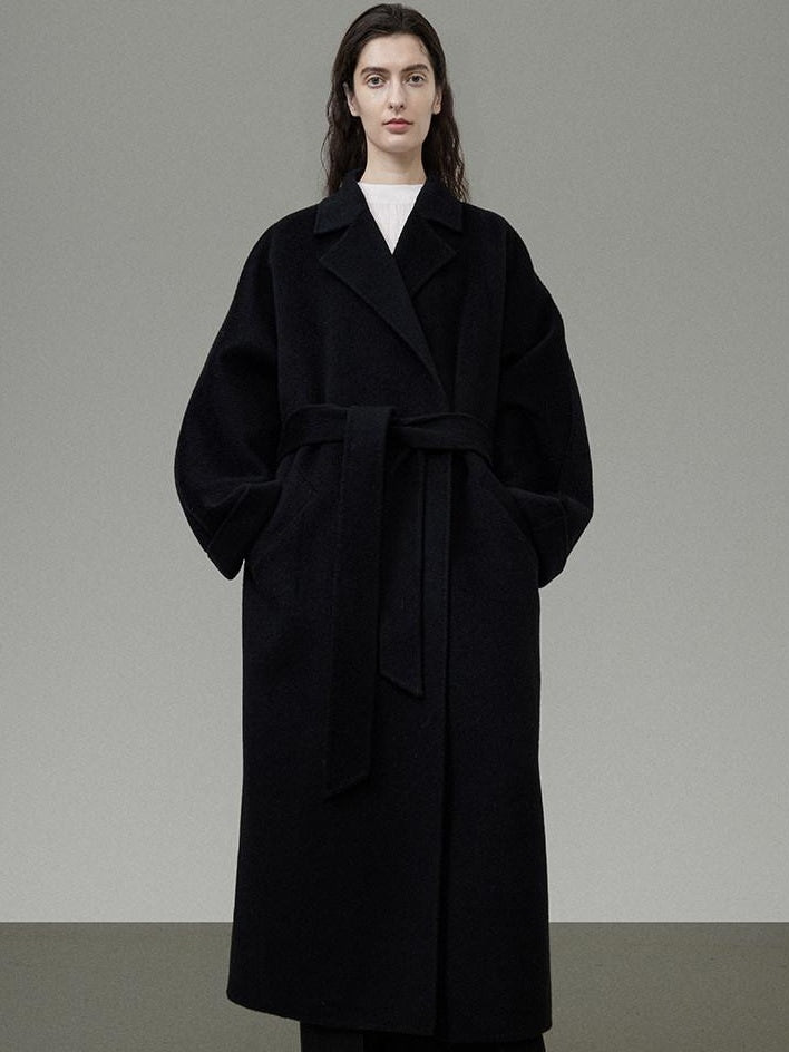 unspoken 100 Percent Wool Minimal Straight Long Tie Office Women Black Wool Coats