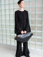 audreyyang Minimalist Office Loose Pleated Bell Sleeve Round Neck Black Blouses