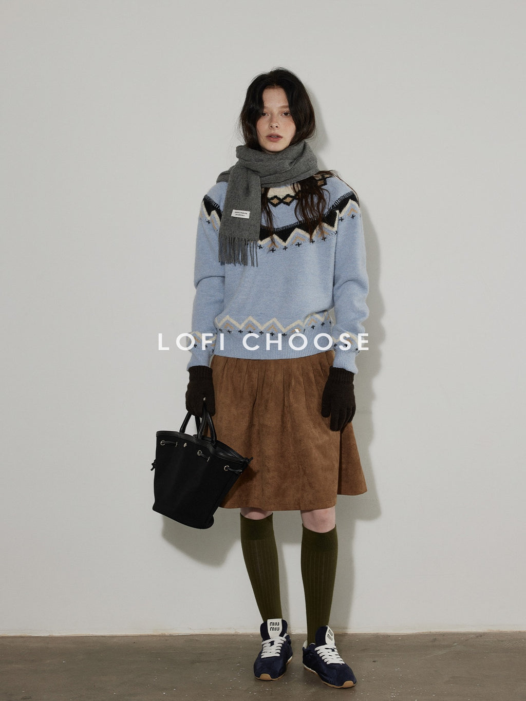 Lofi choose Soft Wool Blend Loose Fit Commuter Crewneck Pullover Blue Knit Tops Sweaters