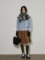 Lofi choose Soft Wool Blend Loose Fit Commuter Crewneck Pullover Blue Knit Tops Sweaters