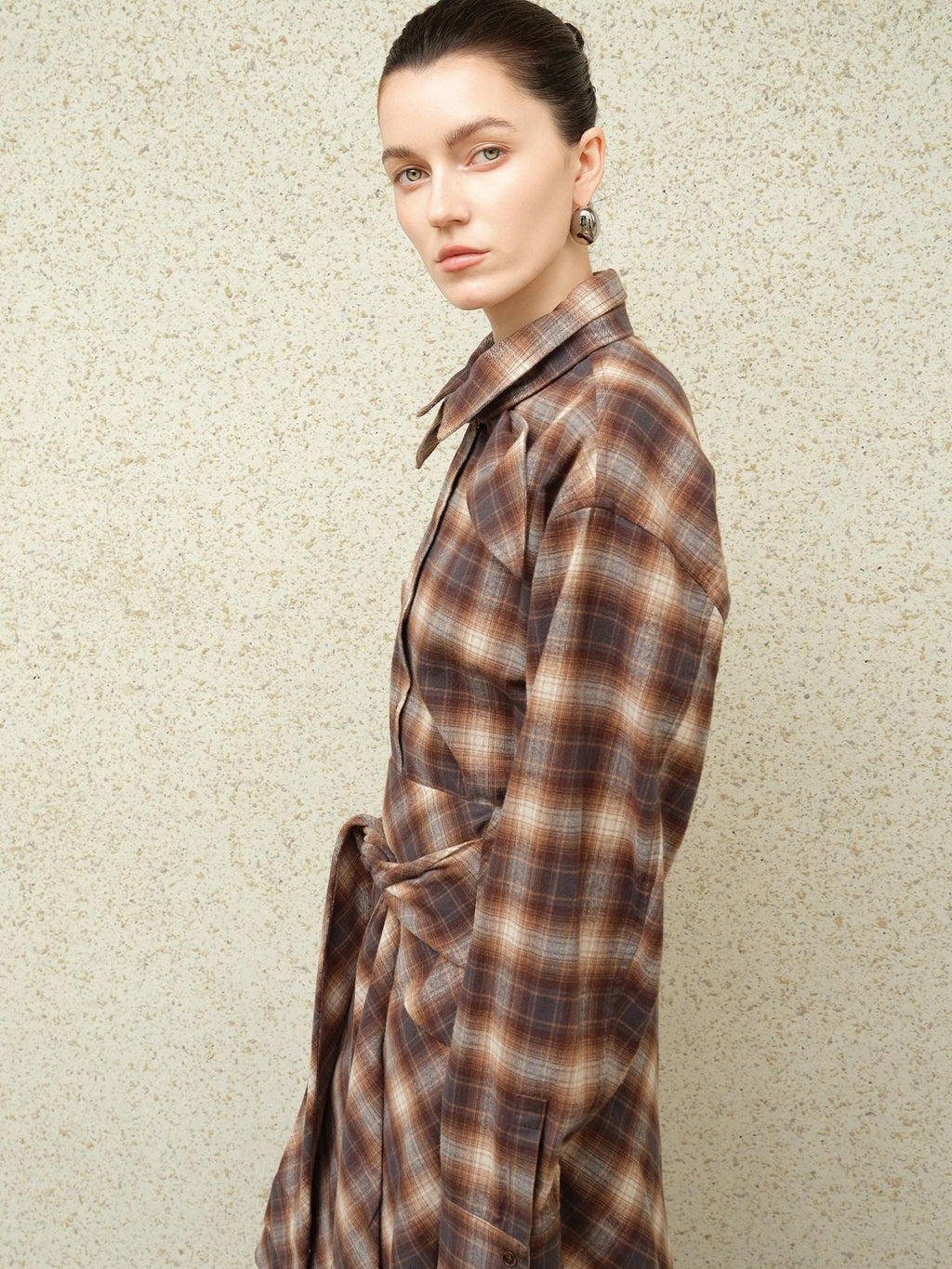 audreyyang Brushed Cotton Sunset Orange Belted Plaid Cardigan Women Top & Skirt Sets