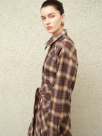 audreyyang Brushed Cotton Sunset Orange Belted Plaid Cardigan Women Top & Skirt Sets