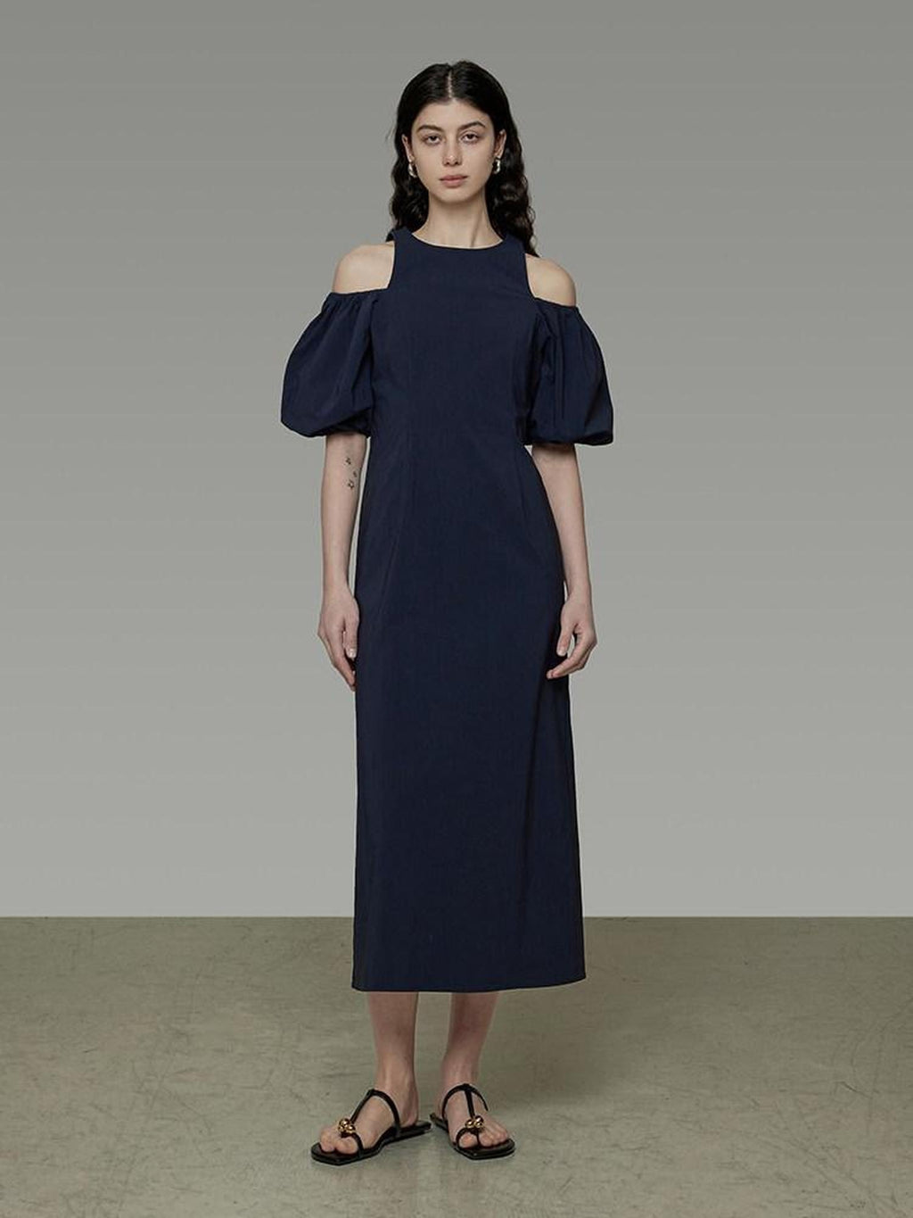 unspoken Slimming Waist A Line Irregular Hem Puff Sleeve City Navy Maxi Dresses