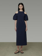 unspoken Slimming Waist A Line Irregular Hem Puff Sleeve City Navy Maxi Dresses
