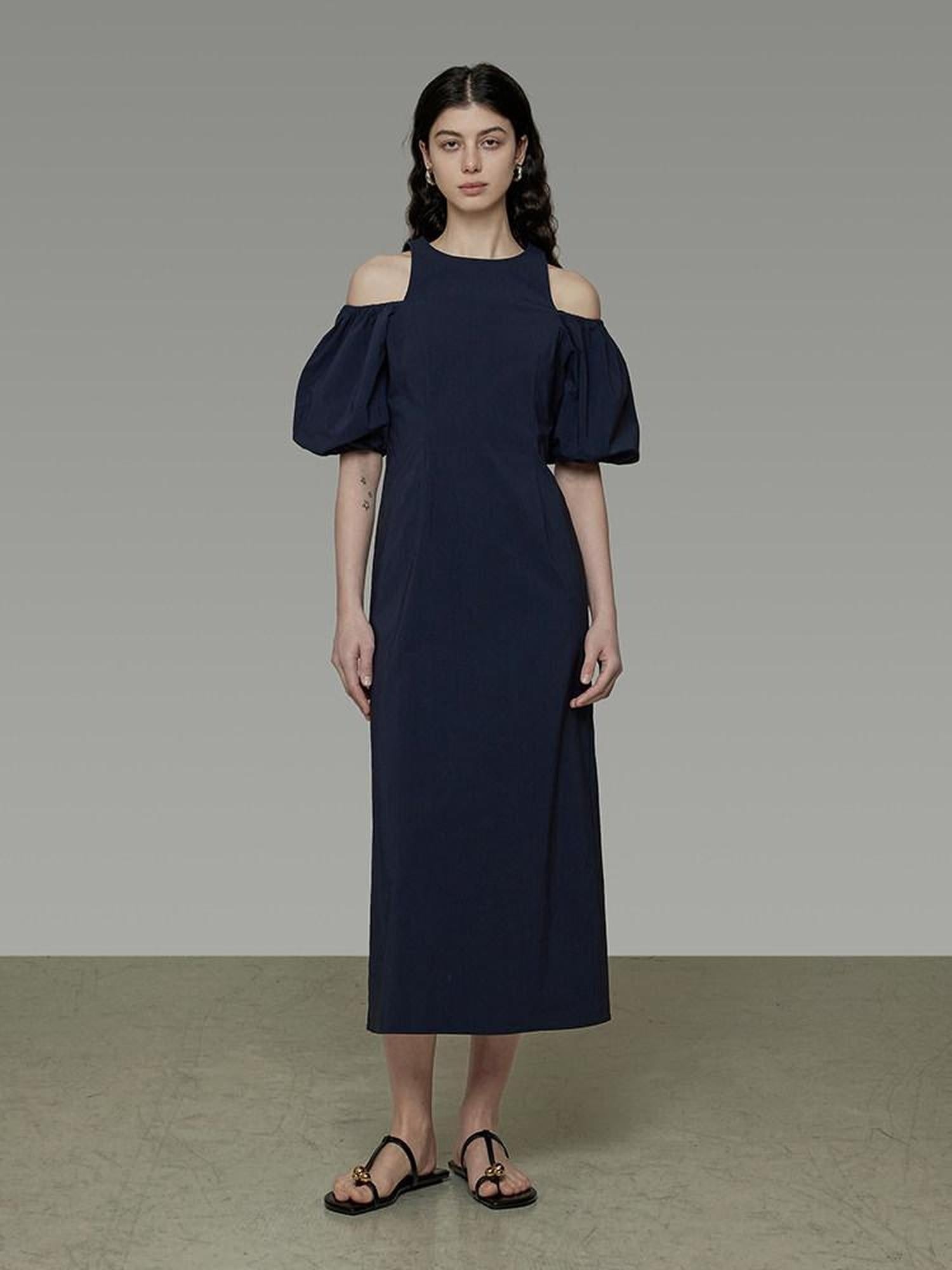unspoken Slimming Waist A Line Irregular Hem Puff Sleeve City Navy Maxi Dresses