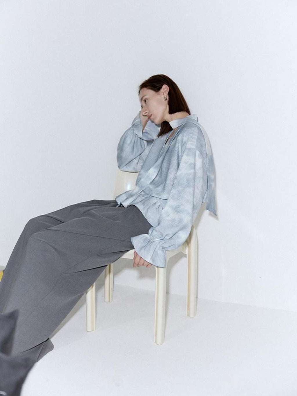 someone sometimes Glacier Blue Polyester V-neck Long Bell Sleeve Loose Fit Office Work Blouses