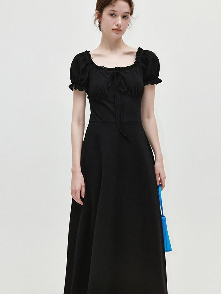 fano Structured High Waist A Line Square Neck Cotton Short Sleeve Black Maxi Dresses