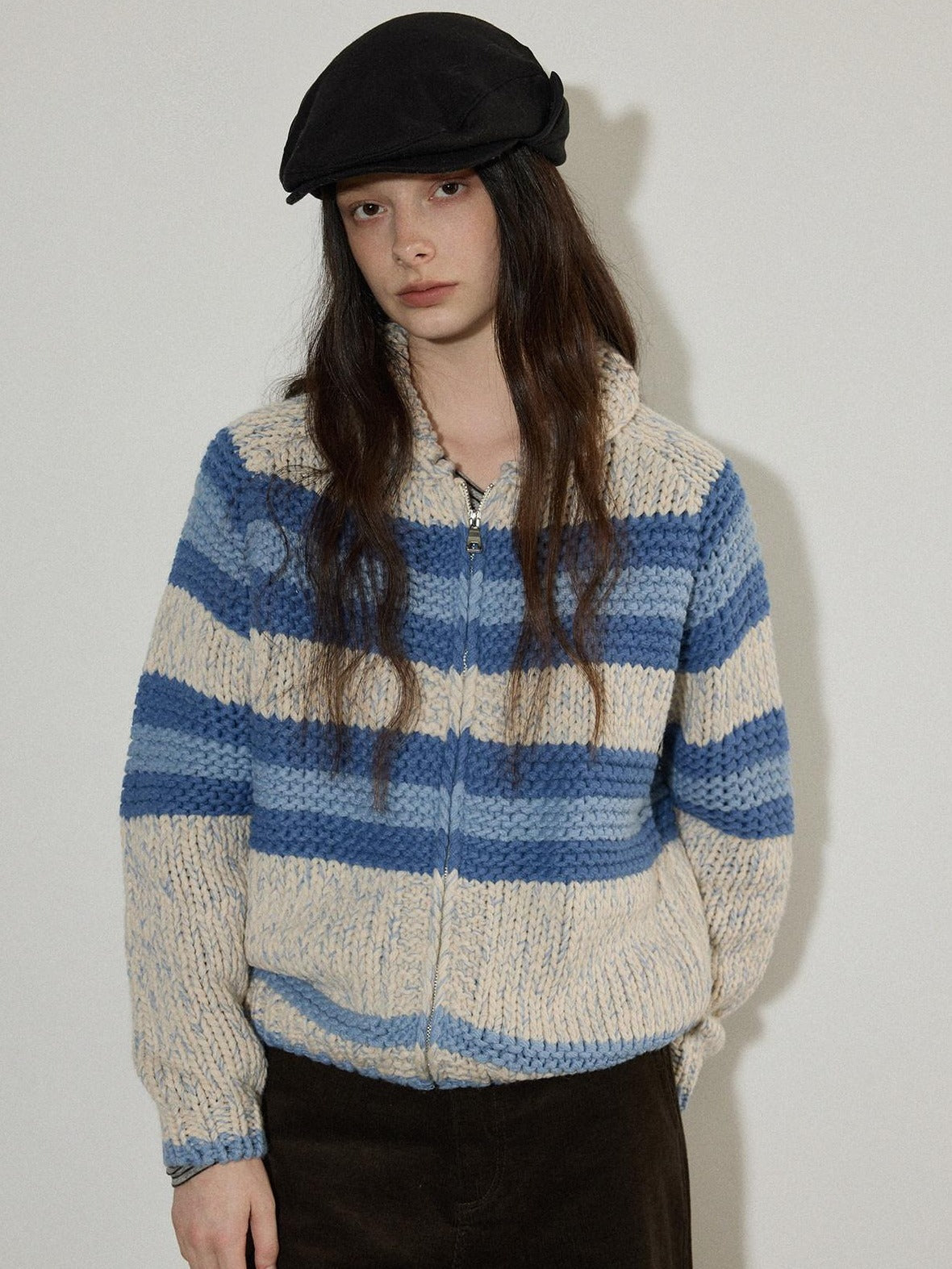 Lofi choose Acrylic Wool Blend Colorblock Striped Lapel Loose Fit Women Zip Front Cardigans