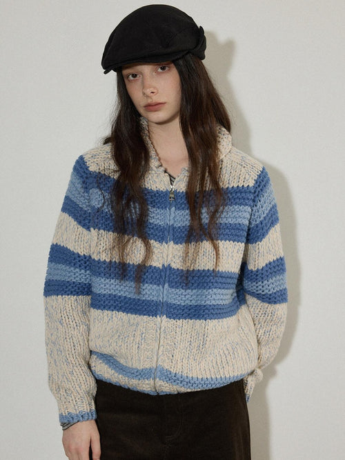 Lofi choose Acrylic Wool Blend Colorblock Striped Lapel Loose Fit Women Zip Front Cardigans