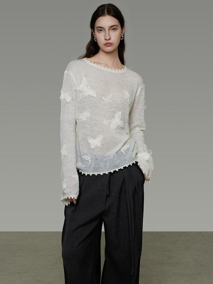 unspoken Breathable Knit Minimalist Relaxed Fit Butterfly Round Neck White Blouses